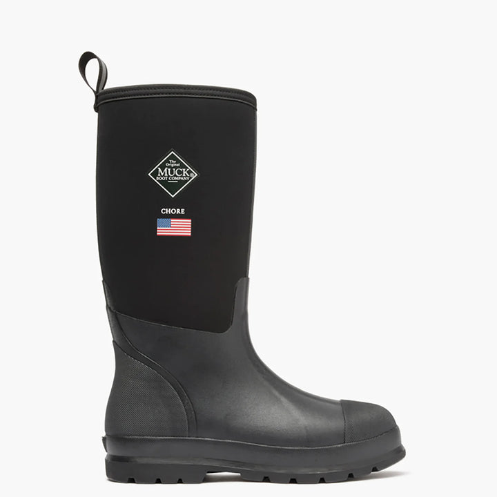 Black rubber boot with Muck Boot Company logo on a white background