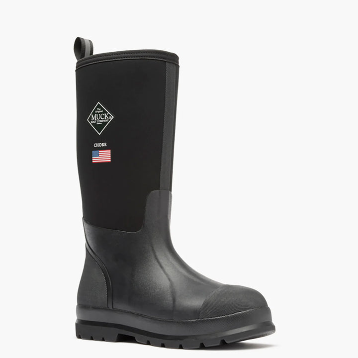 Black rubber boot with a visible brand logo on a white background