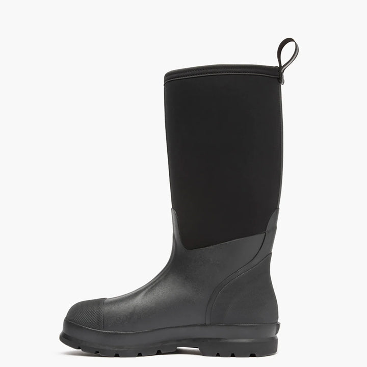 Black rubber boot on a white background