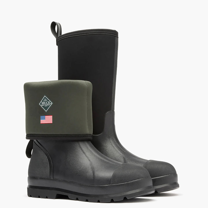 Pair of black rubber boots with a visible brand logo on a white background