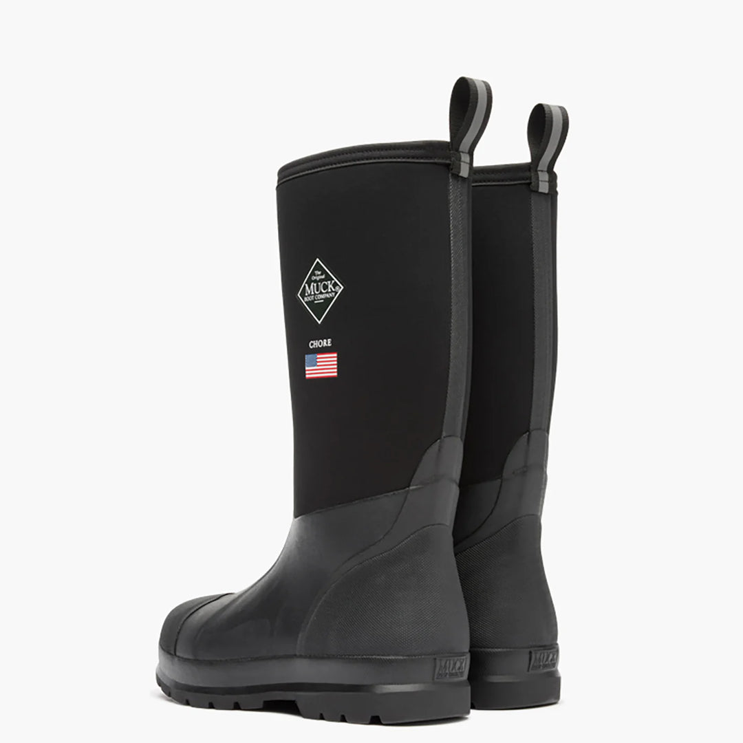 Black rubber boots with a brand logo on a white background