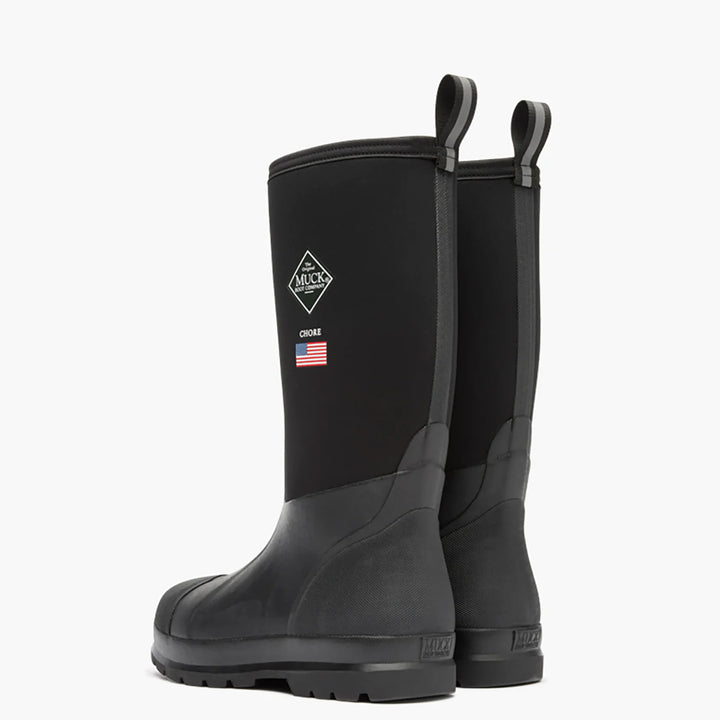 Black rubber boots with a brand logo on a white background