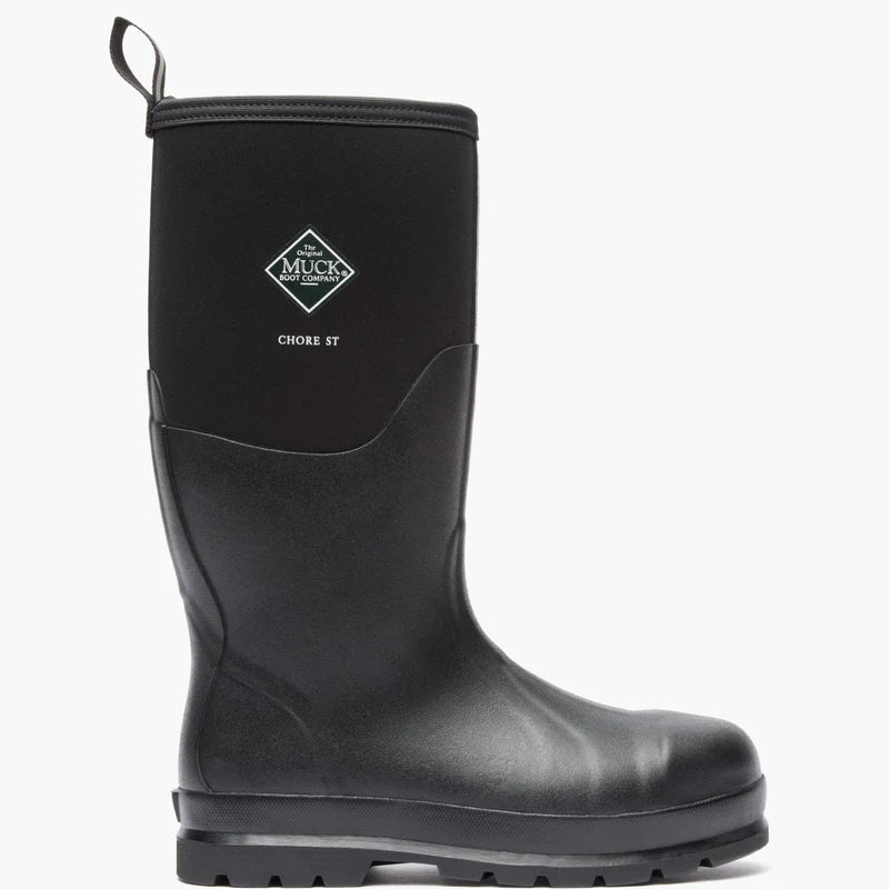 Black rubber boot with Muck Boot Company logo on a white background