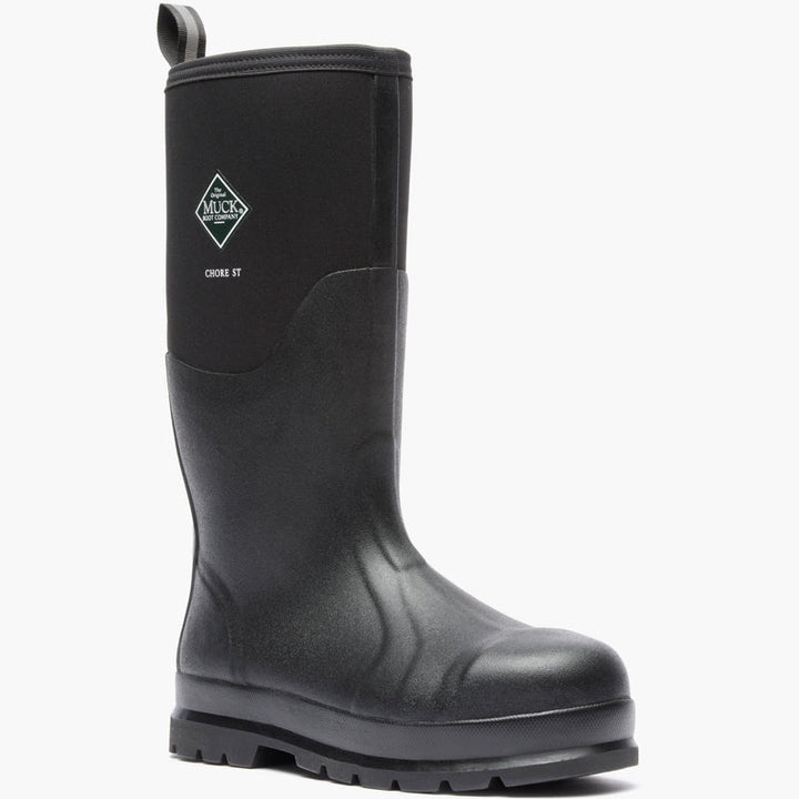 Black rubber boot with brand logo on a white background