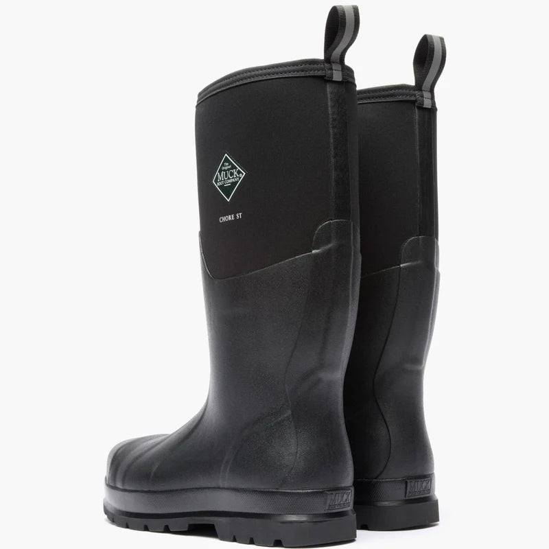 Pair of black rubber boots with a visible brand logo on a white background
