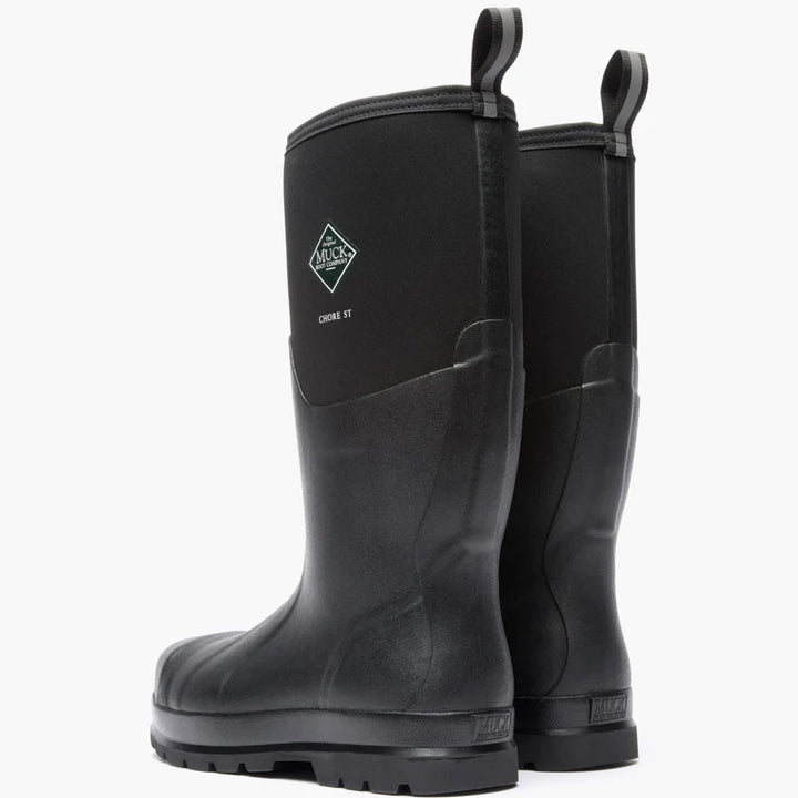 Pair of black rubber boots with a visible brand logo on a white background