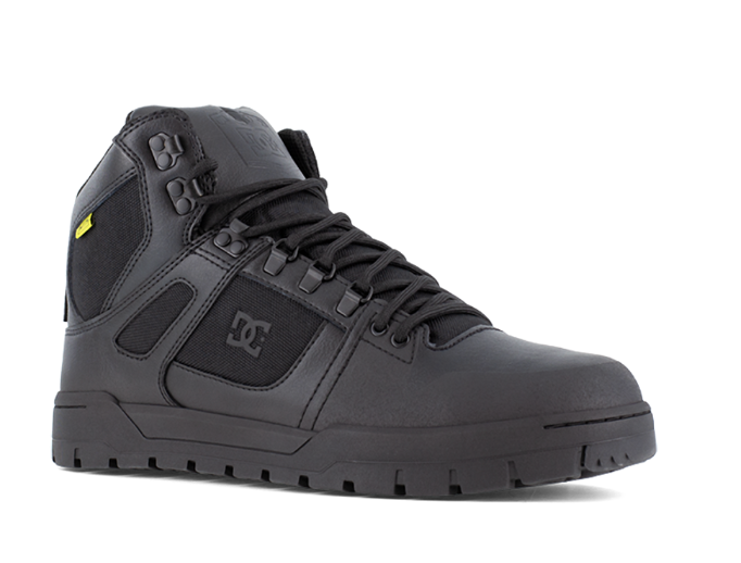 Black high-top sneaker with DC logo on a white background