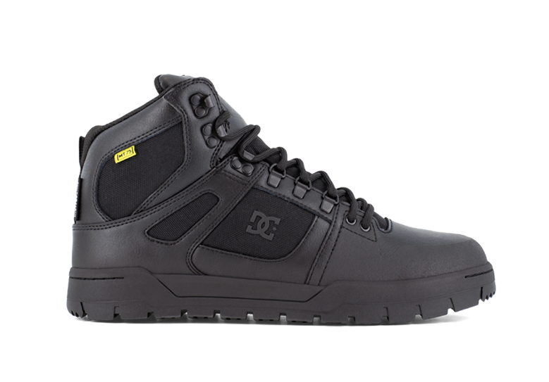 Black high-top sneaker with DC logo on a white background