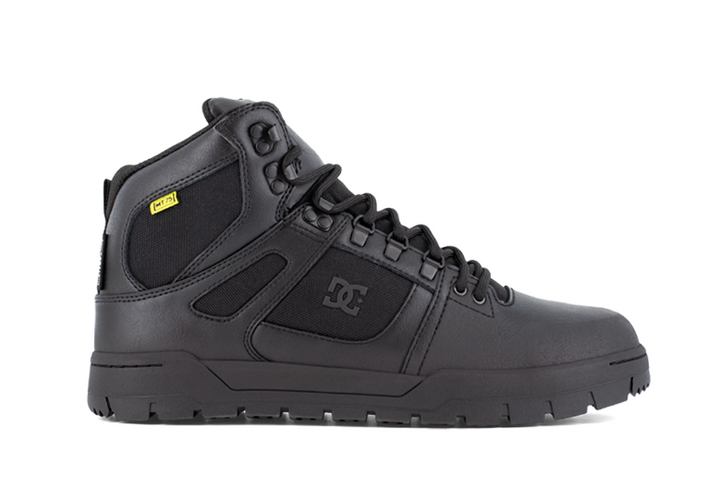 Black high-top sneaker with DC logo on a white background