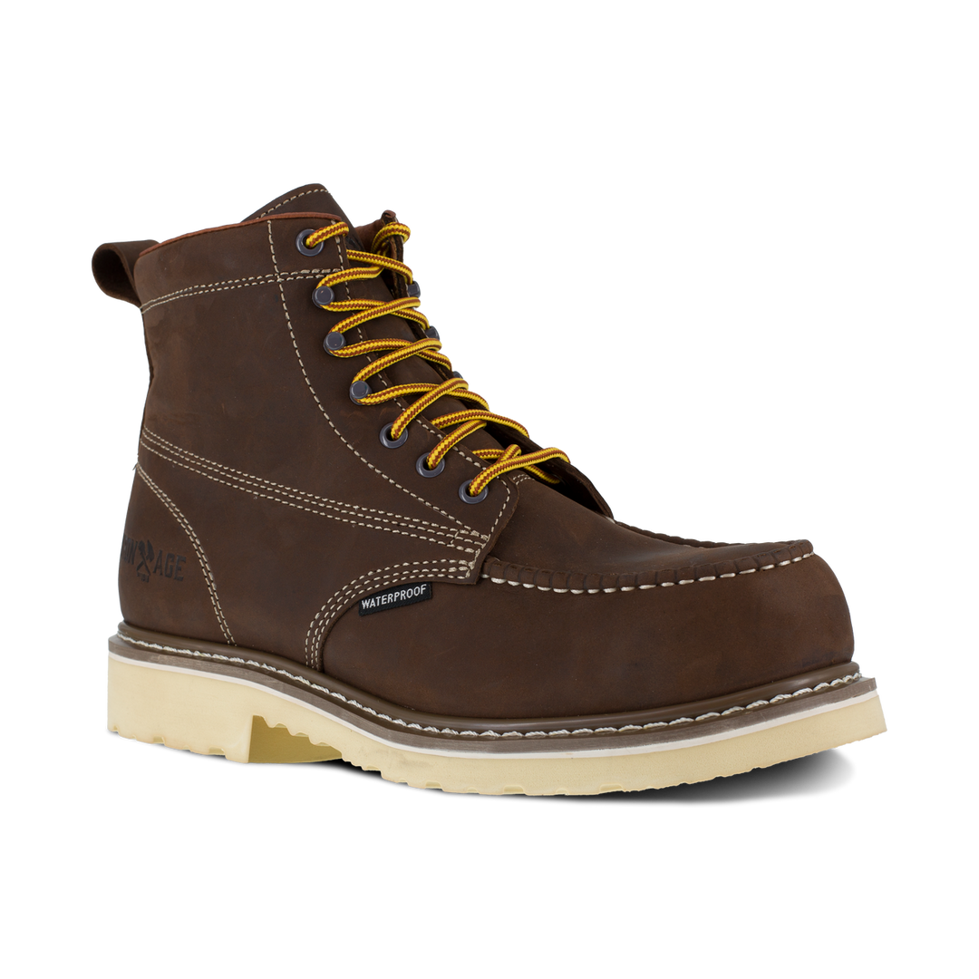 Brown leather boot with yellow laces on a white background