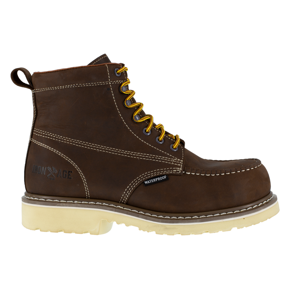Brown leather boot with yellow laces on a white background