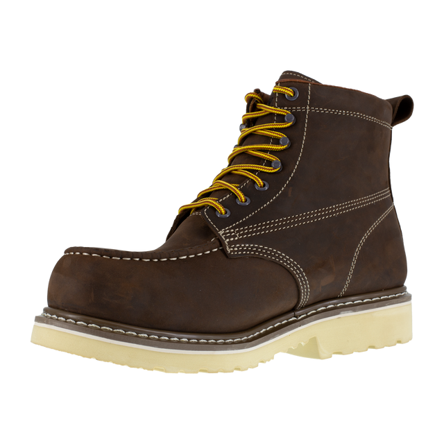 Brown leather boot with yellow laces on a white background
