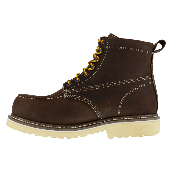 Brown leather boot with yellow laces on a white background