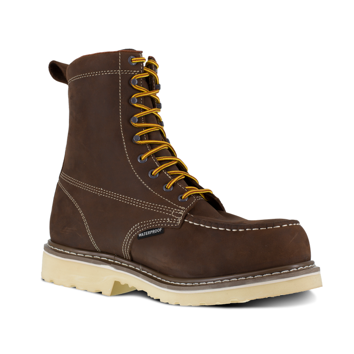 Brown leather boot with yellow laces on a white background