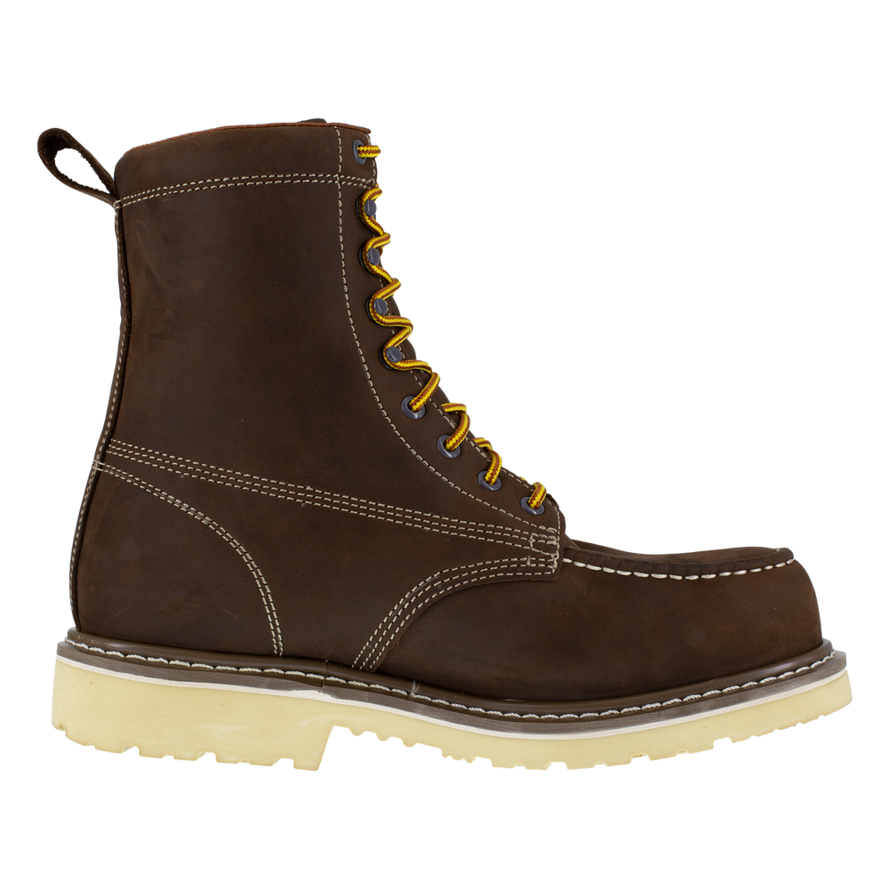 Brown leather boot with yellow laces on a white background