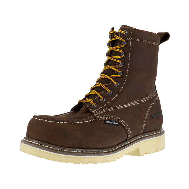 Brown work boot with yellow laces on a white background