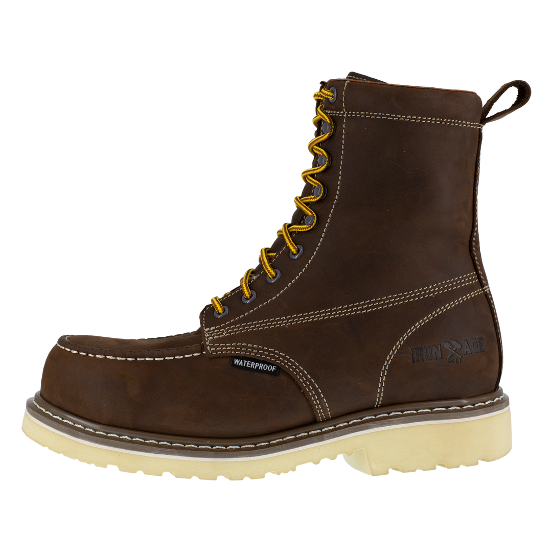 Brown work boot with yellow laces on a white background