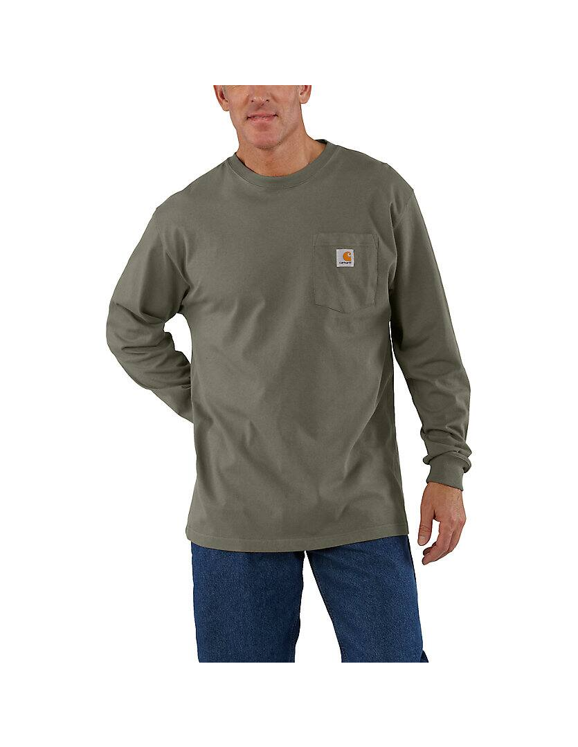 Man wearing a green long-sleeve shirt with a pocket on a white background