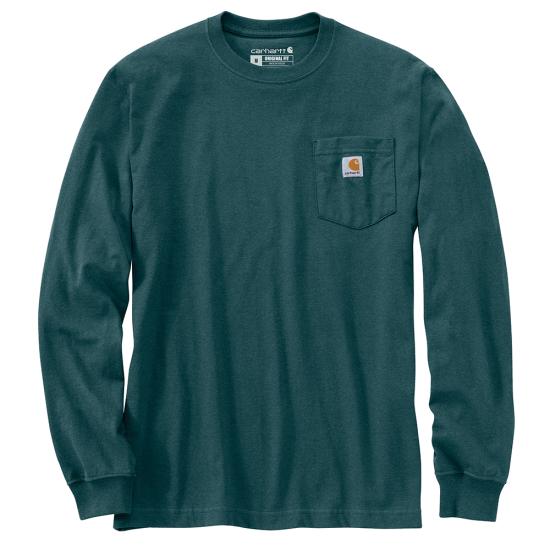 Green long-sleeve shirt with a pocket and Carhartt logo on a white background