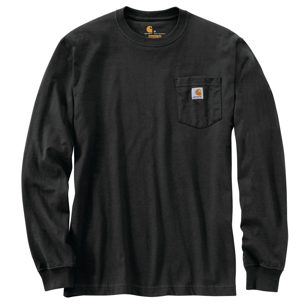 A black long sleeve shirt with a pocket.