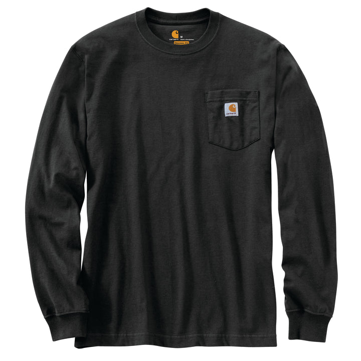 A black long sleeve shirt with a pocket.