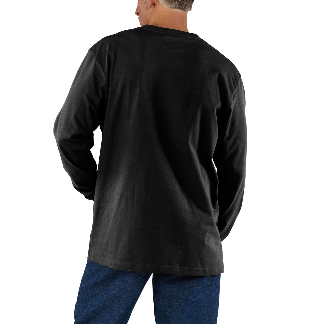 The backside of a man wearing a black long sleeve shirt. 