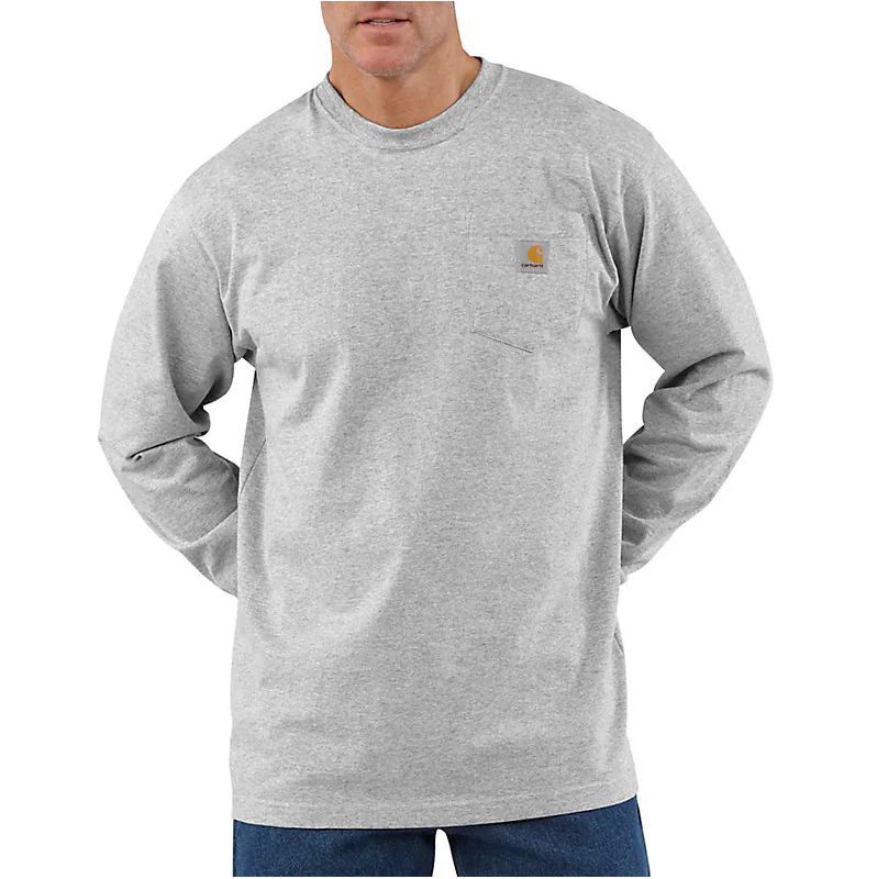 The front of a man wearing a gray long sleeve shirt. 