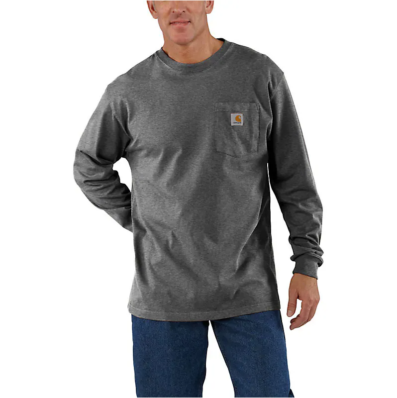 The front of a man wearing a dark gray long sleeve shirt. 