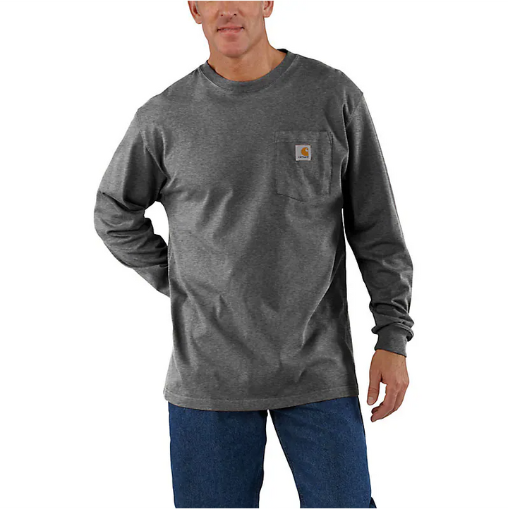 The front of a man wearing a dark gray long sleeve shirt. 