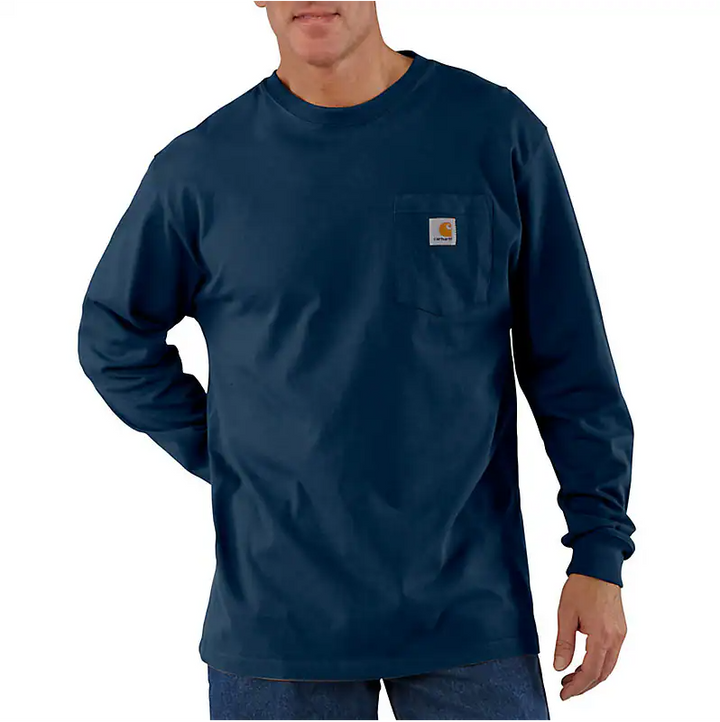 The front of a man wearing a long sleeve blue shirt. 
