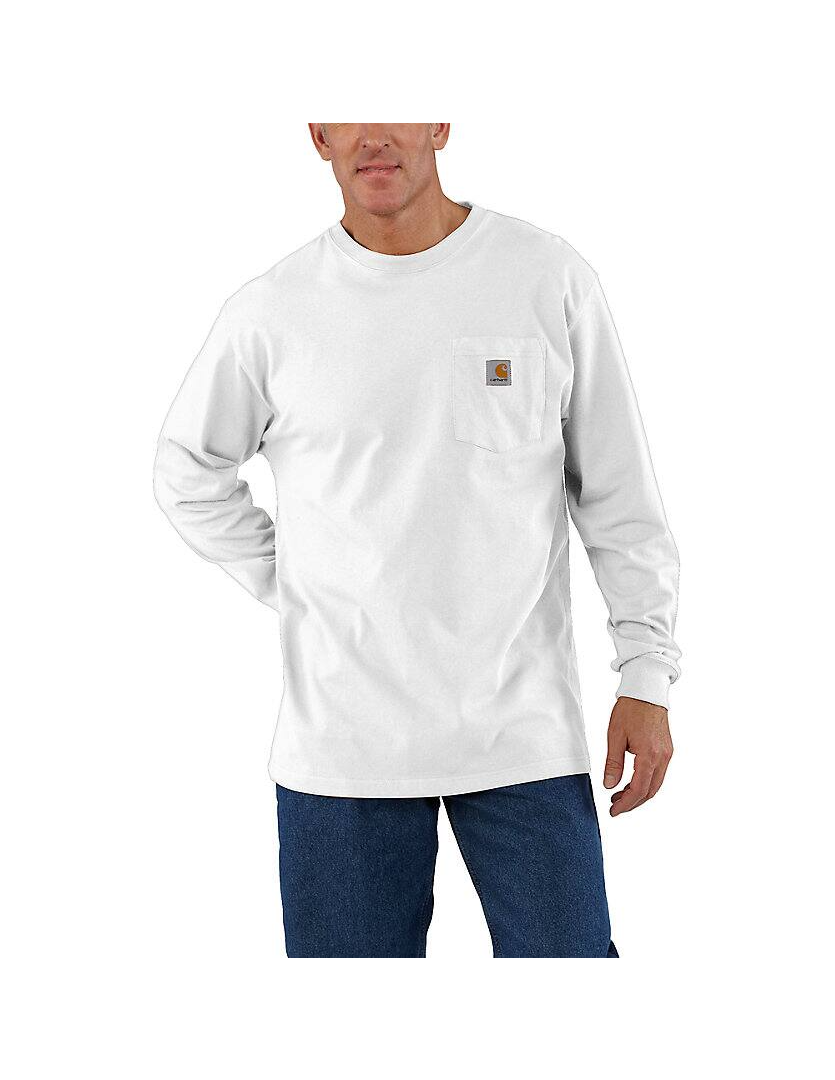 Person wearing a white long-sleeve shirt with a logo on a white background