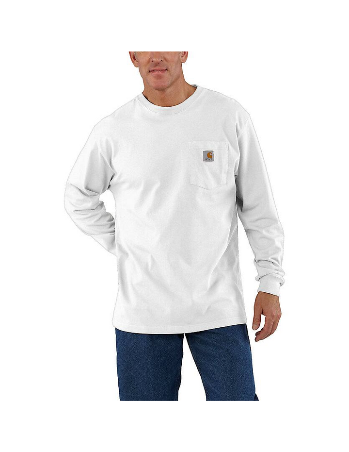 Person wearing a white long-sleeve shirt with a logo on a white background