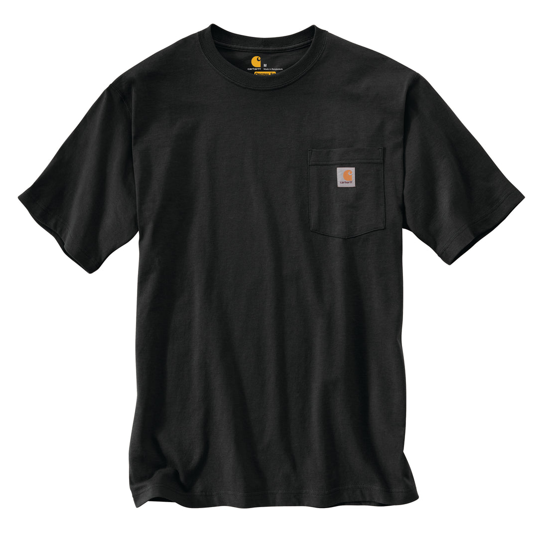 A black short-sleeve t-shirt with a left-chest pocket and a small Carhartt brand patch visible.