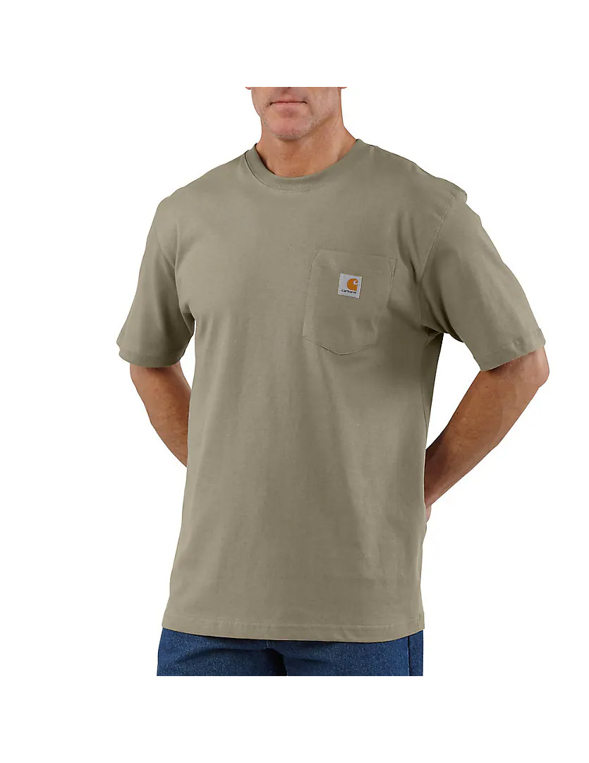 Man wearing a beige t-shirt with a brand logo on a white background