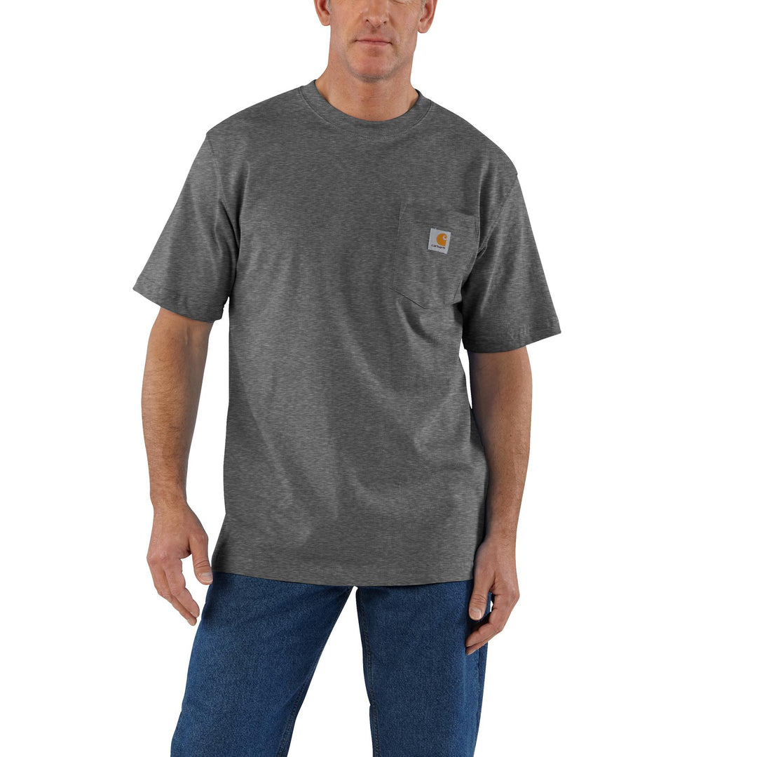 A man wearing a gray short sleeve shirt