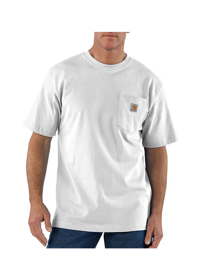 Person wearing a white t-shirt with a visible brand logo on a white background
