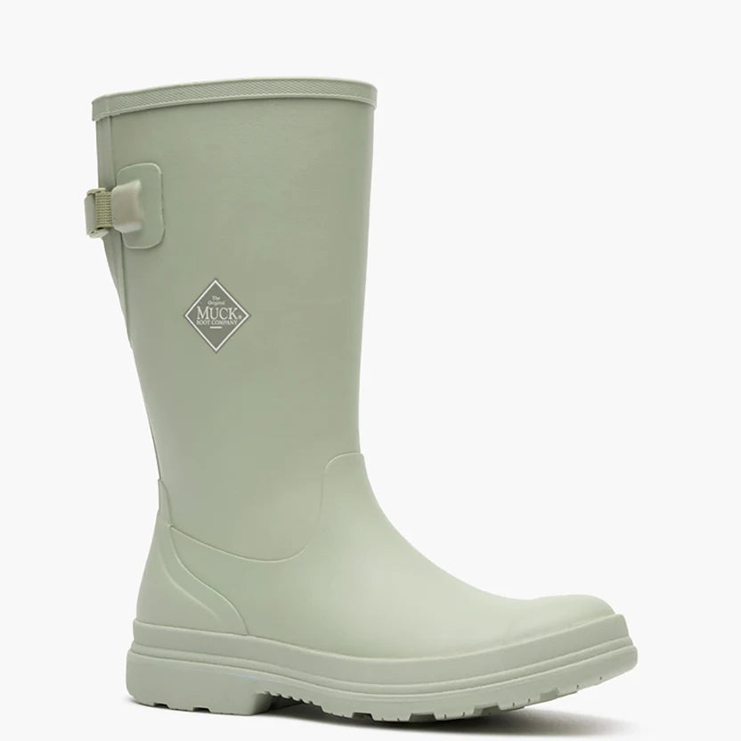 Light green rubber boot with a visible brand logo on a white background