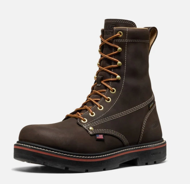 Brown leather boot with laces on a white background